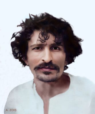 Stylized portrait with curly hair and white kurta.